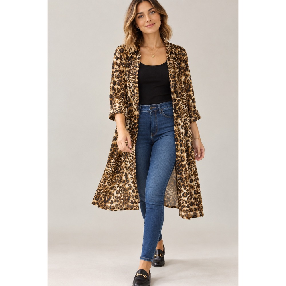Mesh Duster Cardigan Womens 18W Brown Leopard Print Open Front Mob Wife Core